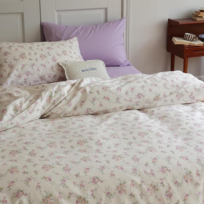EAVD Garden Purple Pink Floral Duvet Cover Full Soft Cotton Chic Shabby Cute Floral Pattern Bedding Set with 2 Pillowcases Reversible Botanical Floral Comforter Cover with Zipper Closure