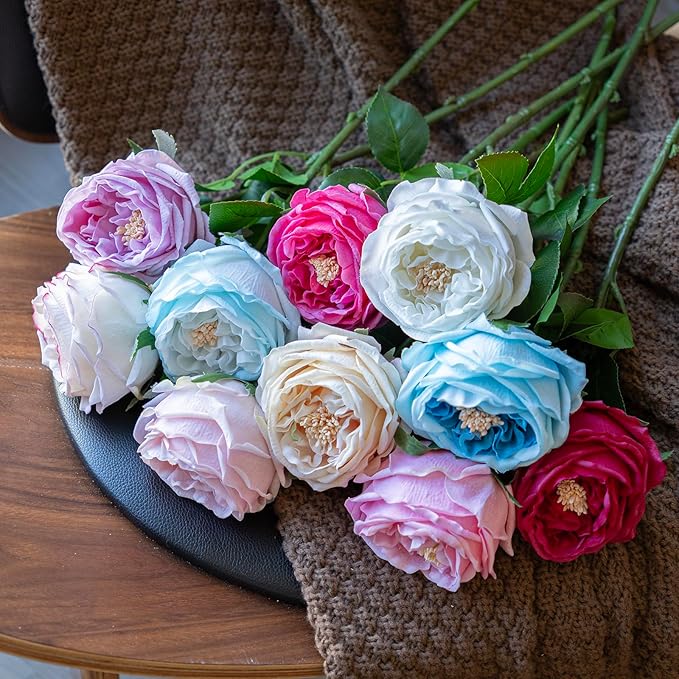 Fake Flowers for Decoration Home Decor Real Touch Artificial Flowers Austin Rose Peony Latex Fake Flower Living Room Decoration Vivid Pink Roses Peonies (Red 4pcs)