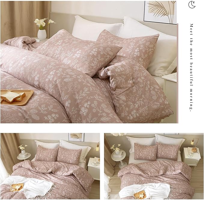 HighBuy Twin XL Duvet Cover Floral 100% Cotton Girls Aesthetic Bedding Set Botanical Flowers Comforter Cover Twin XL with 2 Pillowcases Garden Style Chic Floral Bedding Duvet Cover Set,Mauve Brown