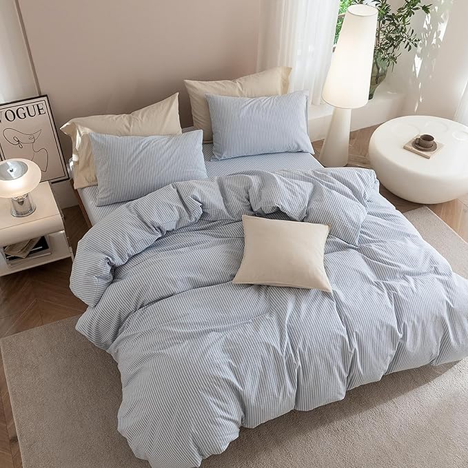 JIYUAN 100% Washed Cotton Striped Duvet Cover Set 3 Pieces Queen, 1 Duvet Cover and 2 Pillowcases(Comforter Not Included),Linen Like Comfy and Breathable,Pinstripes - Heathered Cornflower Blue White