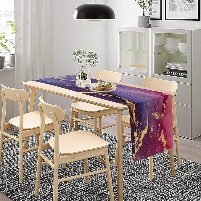 Purple Marble Table Runner Natural Abstract Luxury Ink Texture Gold Veins Red Printing Seasonal Dinner Runner Table Decoration for Farmhouse Home Kitchen Dining Holiday Party 13x108in