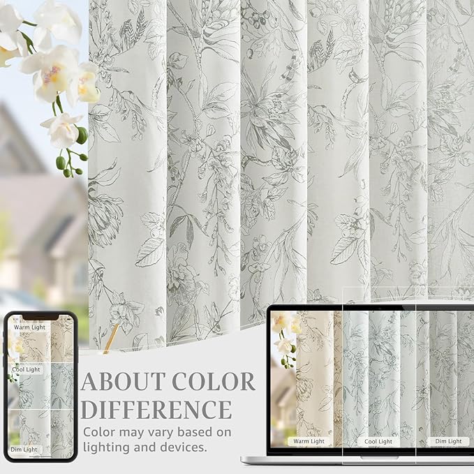 jinchan Floral Curtains 108 Inch Length Charcoal Grey Flower Linen Farmhouse Curtain for Living Room French Country Vintage Curtain Rod Pocket Curtains Set 2 Panels Gray Floral Printed