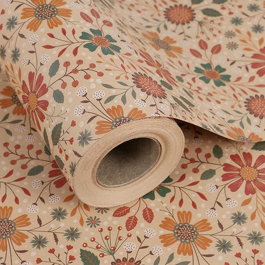 Aimyoo Kraft Floral Wrapping Paper Roll - Mini Roll - 17 Inch x 32.8 Feet - All Occasion Vintage Flower Gift Wrap Paper for Mother's Day Wedding Birthday Bridal Shower