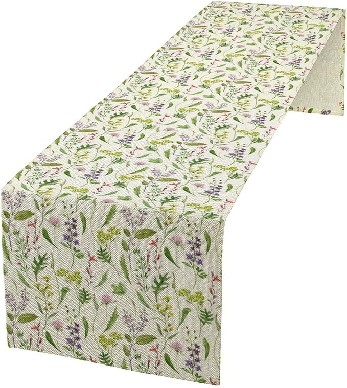 Wildflower Table Runner, Watercolor Green Botanical Flowers Vintage Bohemian Design Table Runner for Kitchen Dining Home Party Home Decor , 13x108 Inch