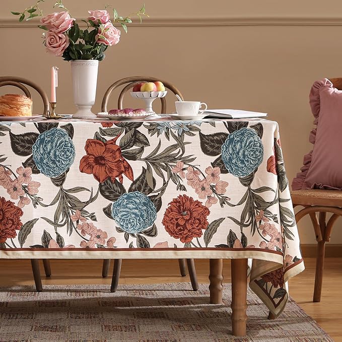 Designer French Linen Tablecloth for Rectangle Table,Red and Blue Floral Durable Long Tablecloths,Decor Table Cover for Kitchen,Dining,Thanksgiving,Home,Farmhouse,63" × 94"-Burgundyred