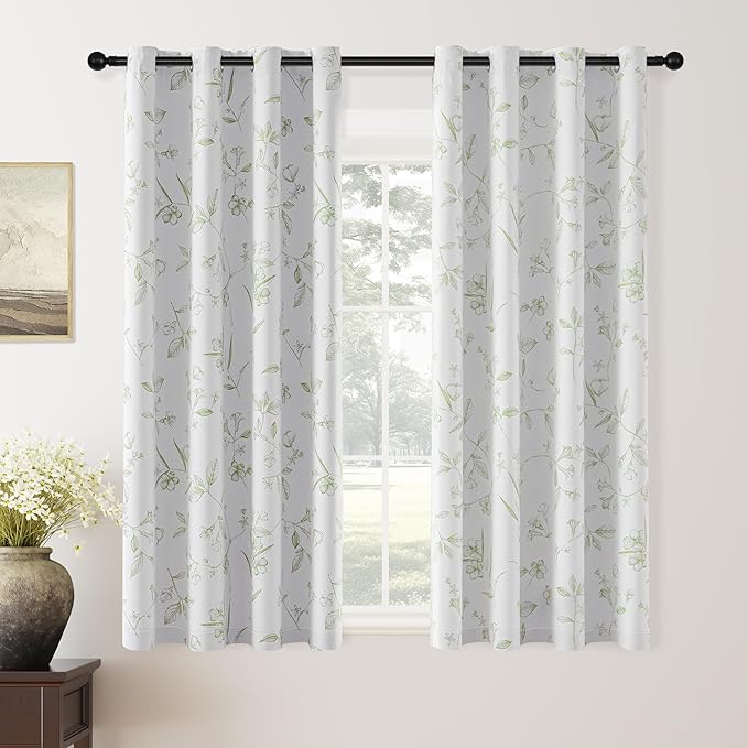 ChrisDowa 100% Blackout Floral Curtains 63 Inches Long 2 Panels for Bedroom Living Room Sage Green Flower Patterned Room Darkening Thermal Insulated Soundproof Grommet Window Treatments Drapes,52X63