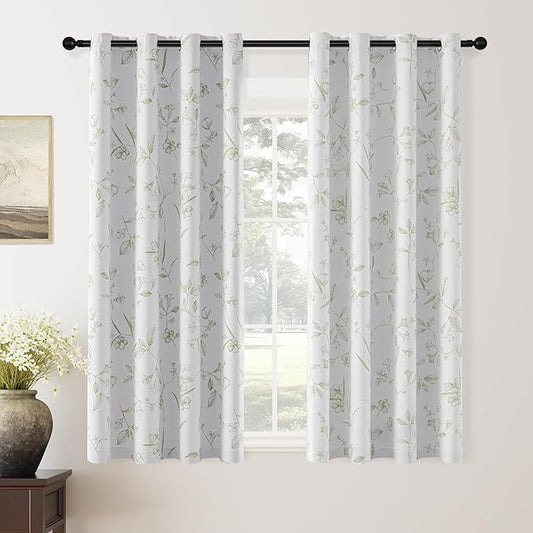 ChrisDowa 100% Blackout Floral Curtains 63 Inches Long 2 Panels for Bedroom Living Room Sage Green Flower Patterned Room Darkening Thermal Insulated Soundproof Grommet Window Treatments Drapes,52X63