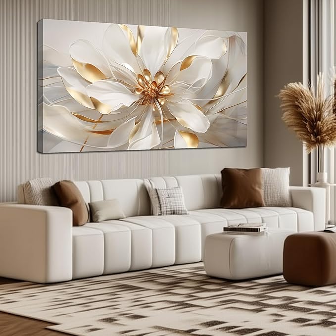 Flower Canvas Wall Art for Living Room Large Size White Wall Decor for Bedroom Girls Gold Wall Art for Office 29 x 58 Inches