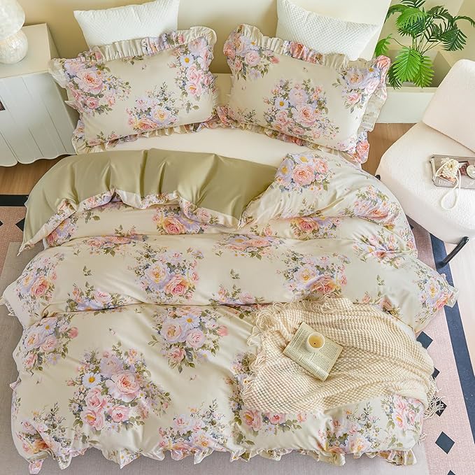 Ruffle Floral Duvet Cover Set 100% Cotton Queen Size, Shabby Blush Pink Cream Rose Comforter Cover, Satin Weave, Soft & Breathable, French Country Cottagecore Bedding 3Pcs-Not Comforter