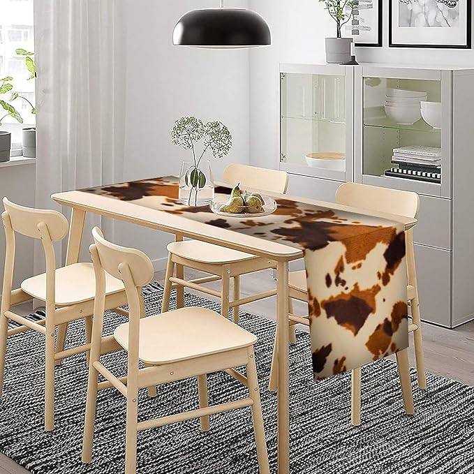 Cow Print Table Runner, Brown Cowhide Print Western Style Table Runner Country Farmhouse Cottage Cow Patten Table Decoration for Home Kitchen Dining, 13x70 Inch