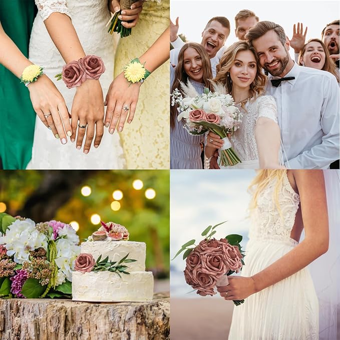 JOYLEX 50PCS Warm Taupe Artificial Flowers Realistic Roses, Real Looking Fake Roses with Stem for DIY Wedding Bouquets Centerpieces Bridal Shower Party Home Romantic Decorations (Warm Taupe, 50pcs)