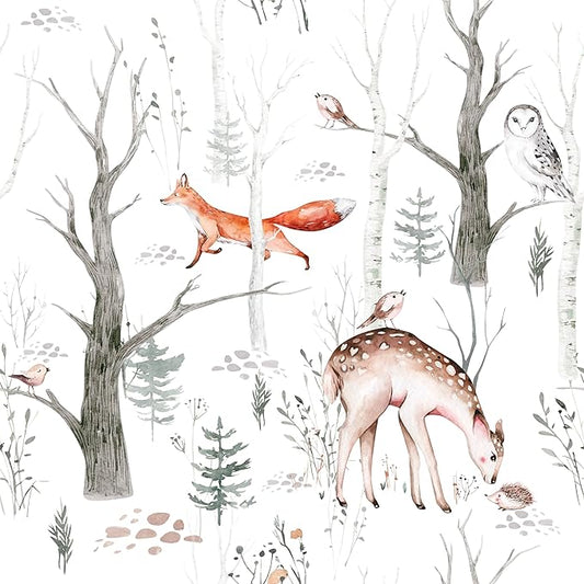 Forest Animals Peel & Stick Wallpaper - Self Adhesive Plants & Vintage Pattern - Removable Wallpaper for Bathroom - 17.71in X 118.1in