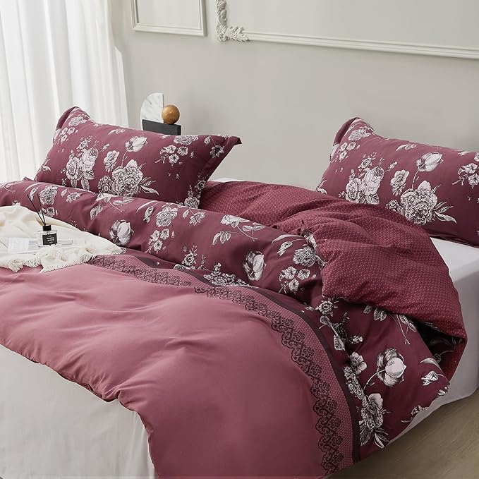SAPHREAS Red Floral Duvet Cover Set Full Size Retro Style 3pcs Vintage Botanical Flower Microfiber Bedding Set 1 Duvet Cover with Zipper Ties 2 Pillow Shams (No Duvet Insert)
