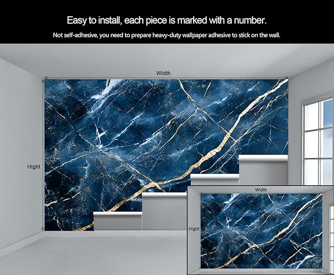 Blue Marble Wall Mural, Gold Vein Marble 3D Wall Murals, Luxury Navy Stone Wallpaper Mural, for Living Room Bedroom Large Wallpaper Indoor Decor 118" W x 82.6 "H
