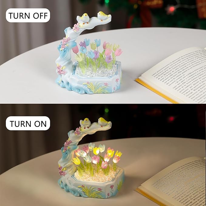 Handmade Tulip Flower Lamp for Womens Gifts, Resin Decorative and Bird, Best Christmas Anniversary Birthday Gifts, Perfect Ideal for Bedroom Ambiance Charming(Tulip)