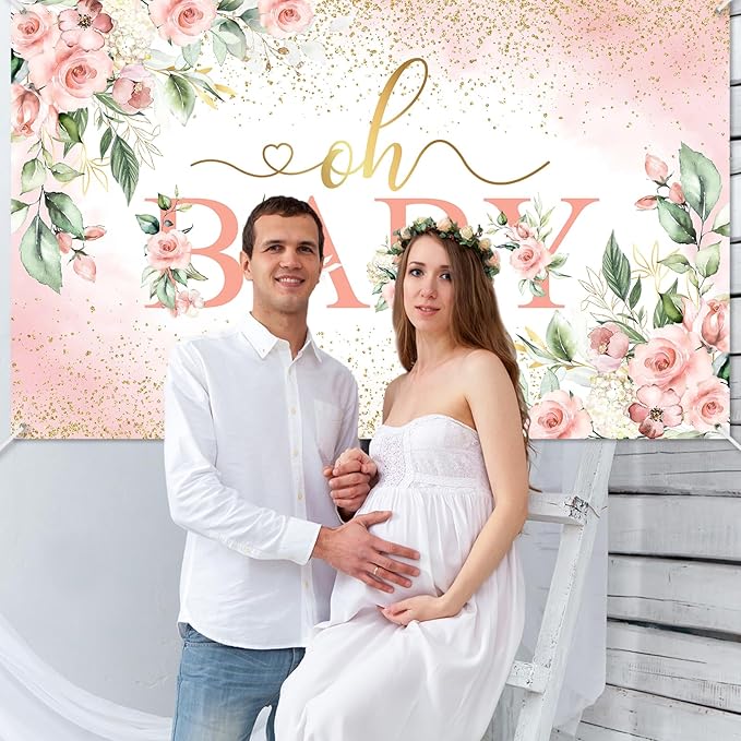 Mocsicka Oh Baby Backdrop Banner Girl Baby Shower Background Pink Floral Oh Baby Baby Shower Party Decorations Photo Booth Props (Pink, 6x3.6ft)