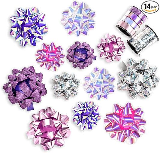 WRAPAHOLIC 14 Pcs Gift Bows Assortment - 12 Multi Colored Assorted Size Gift Bows (Purple, Pink, White, Rose Gold, Silver) and 2 Crimped Curling Ribbons, Perfect for Christmas, Holiday, Party