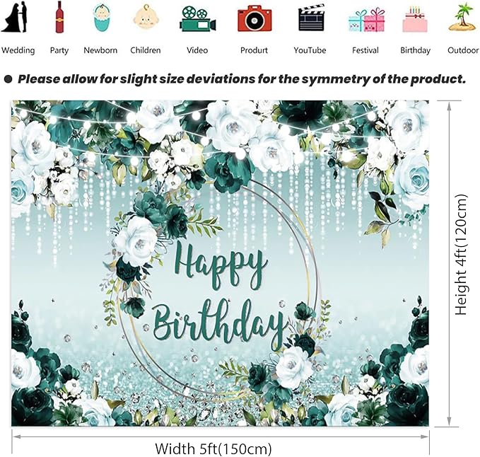 Renaiss 5x4ft Floral Happy Birthday Backdrop for Woman Fabric Green White Flowers Blooming Flower Photography Background Shinning Diamond Photo Backdrops for Birthday Party Supply