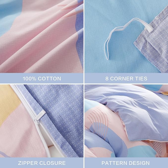 SAPHREAS Orange Blue Geometric Blocks Duvet Cover Set Queen Size 3pcs 100% Cotton Colorful Bubble Bedding Comforter Cover Set 1 Duvet Cover 2 Pillow Shams