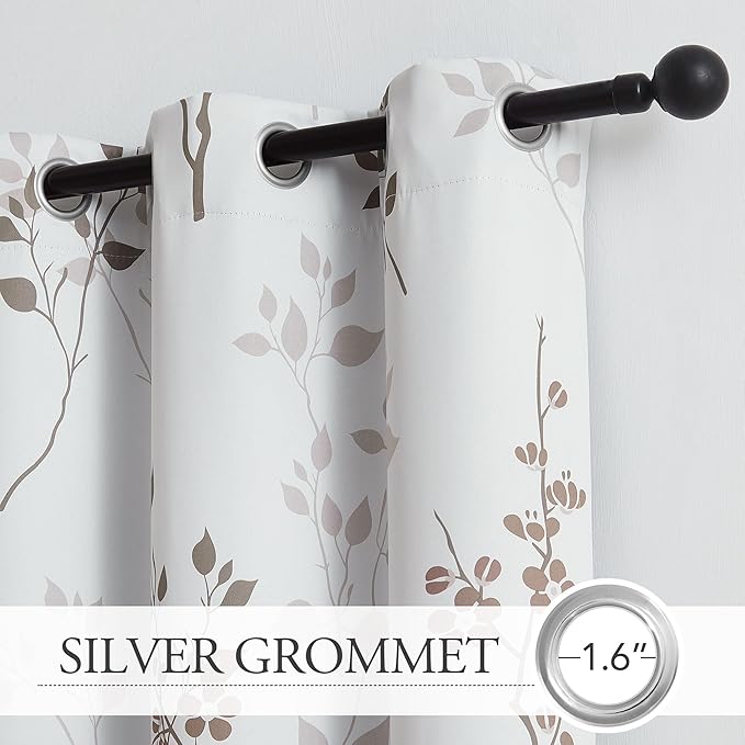 Beauoop Floral 100% Blackout Curtains 96 Inches Long 2 Panels for Bedroom Living Room Tan Brown and White Flower Patterned Room Darkening Thermal Soundproof Grommet Window Treatments Drapes, 52X96
