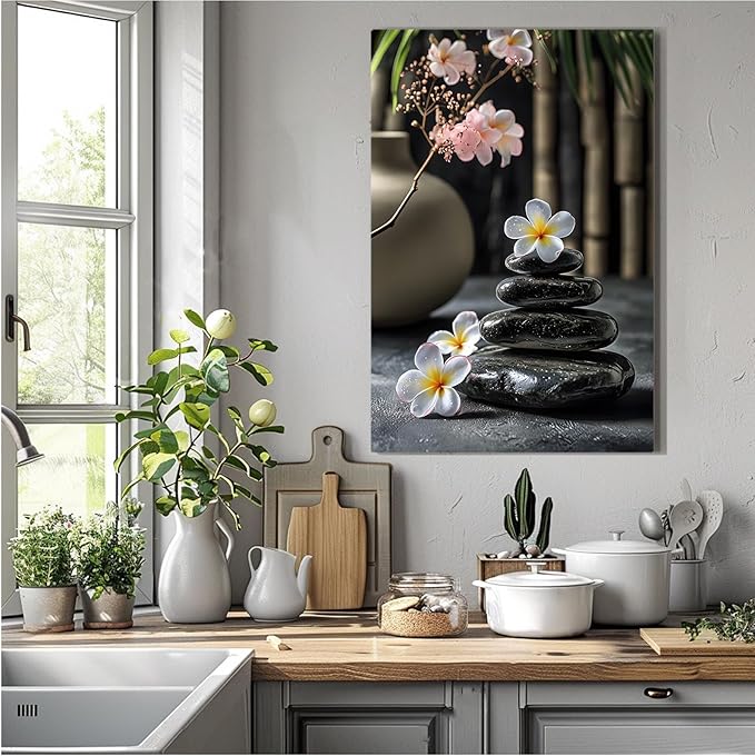 A harmonious black stone stack paired with white and pink flowers bamboo and ceramic vases creates a tranquil Zen decor for minimalist homes and mindful spaces 24x36in Frameless