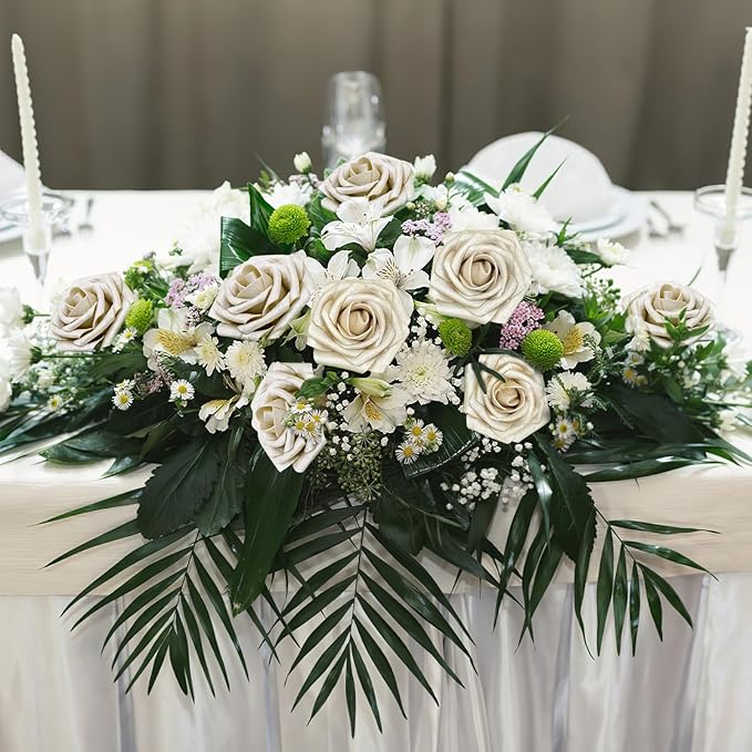 Artificial Flowers, 100pcs Champagne Light Gold Rose for DIY Wedding Bouquets Centerpieces Arrangements, Artificial Rose with Stem for Bridal Shower Party Home Decorations