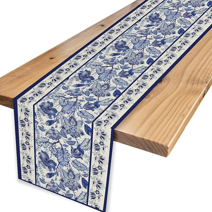 Blue Floral Table Runner, Rustic Vintage Paisley Floral Retro Boho Art Linen Coffee Table Center Decor for Family Kitchen Farmhouse Holiday Party Table Decorations Indoor Outdoor 13x90 inch
