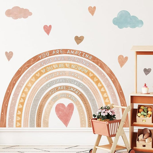 Large Rainbow Wall Decal Boho Kids Bedroom Wall Decals Peel and Stick Rainbow Wall Sticker Watercolor Inspirational Walls Decor Stickers Self-Affirmation Decal Vinyl Wallpaper for Nursery Playroom
