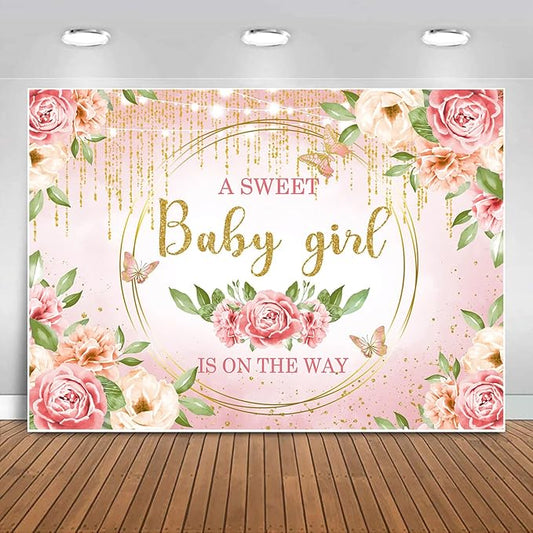Sensfun Pink Floral Baby Girl Decorations - Glitter Gold Blush Flower Banner for Sweet Girls Baby Shower Party Supplies - 10x6.5ft