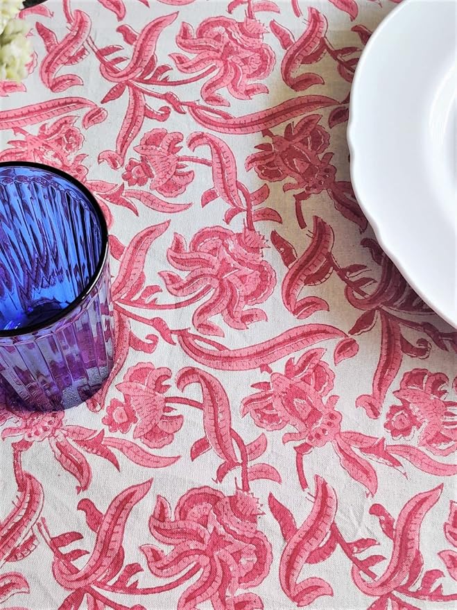 ATOSII Red Bloom 100% Cotton Rectangle Tablecloth, Block Print Floral Linen Table Cloth for Dining Parties Outdoors Weddings Holidays I 72 X 140 Inches, 12 Seater, Summer Farmhouse Grandmillennial