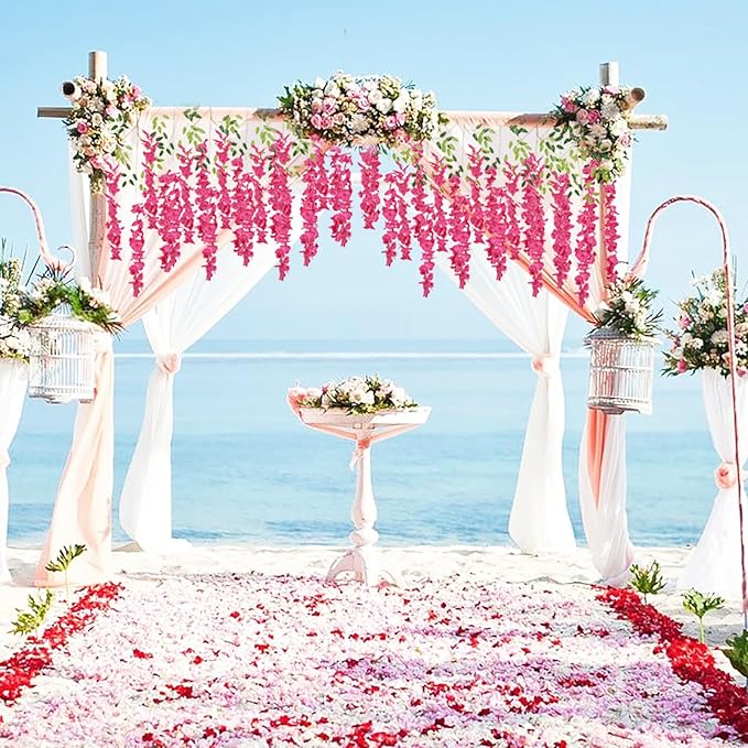 12PCS Artificial Wisteria Hanging Flowers 3.6ft Rose Red Fake Hanging Flowers Garland Silk Flowers Rattan String Faux Wisteria Vine for Garden Home Wedding Arch Decor (Rose Red)