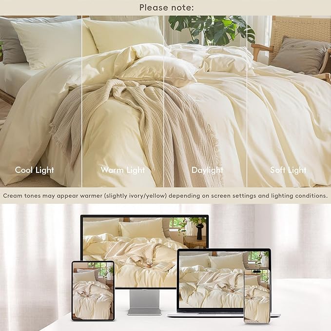 MooMee Bedding Duvet Cover Set 100% Washed Cotton Linen Like Textured Breathable Durable Soft Comfy (Solid Cream White, Super Queen 90"x98")