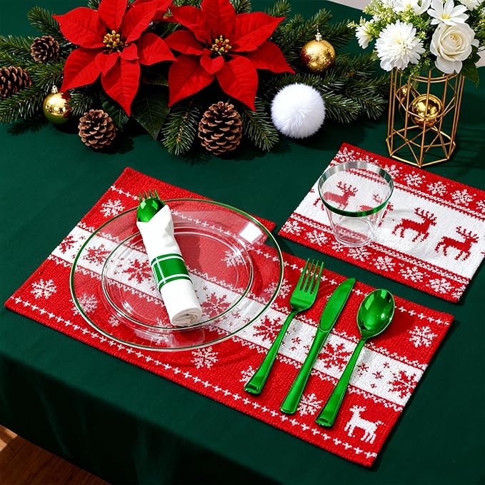 SUT 175 Pcs Green and Clear Plastic Dinnerware Set for 25 Guests, Include: 25 Dinner Plates, 25 Dessert Plates, 25 Pre Rolled Napkins With Silverware, 25 Cups, Disposable Plates for Party, Christmas