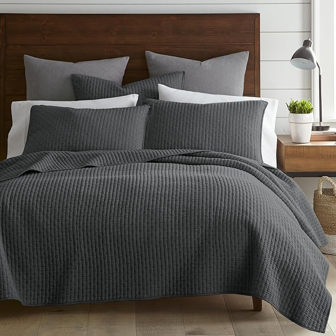 Levtex Home Cross Stitch Reversible Full/Queen Quilt Set (88x92in) with 2 Pillow Shams (26x20in) - Stitch Texture - Charcoal - Cotton Full/Queen Size Quilt Bedding Set - Lightweight, Soft, Pre-Washed