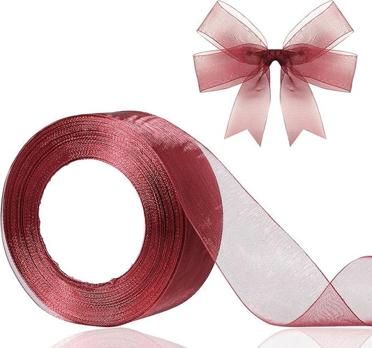 1.5 inch Sheer Organza Ribbon Wine Red Chiffon Ribbon for Gift Wrapping Christmas Halloween Decoration Wedding Bouquet Crafts 50 Yards
