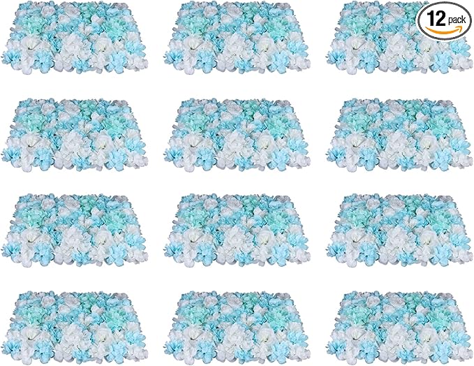 12PCS Flower Wall Panels, 3D Silk Floral Wall Backdrop, Realistic Blue Rose Hydrangea Flower Backplanes, Roll Up Fake Flower Background for Valentines Wedding Party Home Decoration