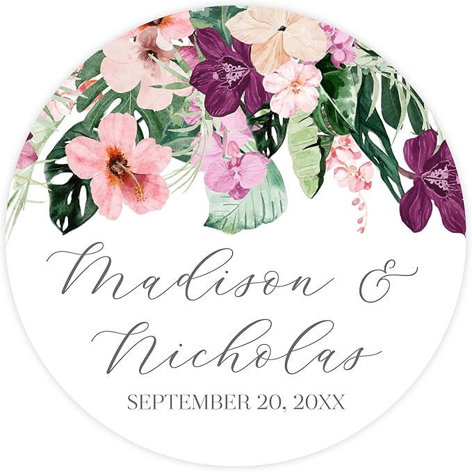 Personalized Floral Wedding Stickers with Your Choice of 30 Flower Styles - Choose Font and One of Five Pre-made Phrases or Add Custom Text (7 - Tropical Flowers)