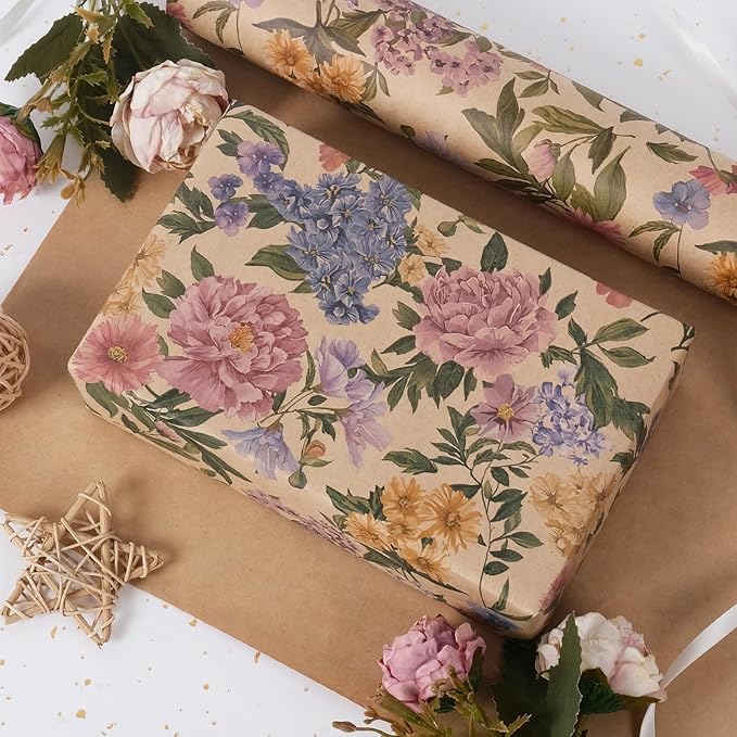 RayofSun Kraft Floral Wrapping Paper Roll 17 in x 32 ft Mini Roll Vintage Pink Peonies Wildflowers Garden Flower Gift Wrap Paper for All Occasion Wedding Birthday Bridal Shower Party Christmas