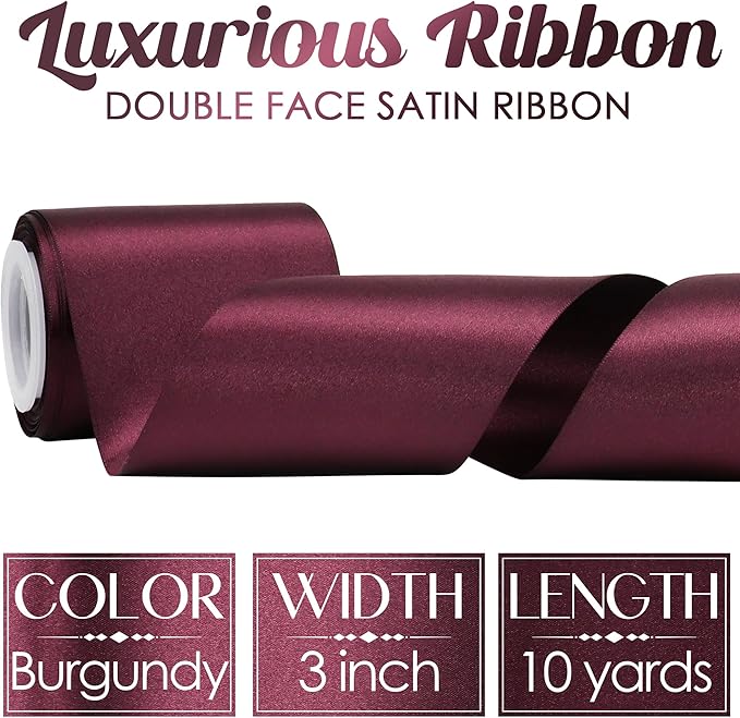 MEEDEE Burgundy Satin Ribbon Lux Double Faced Satin Ribbon 3 Inch Wide Christmas Ribbons by 10 Yards Burgundy Ribbons for Christmas Tree, Weddings, Flower Bouquet, Wreath Bow Making