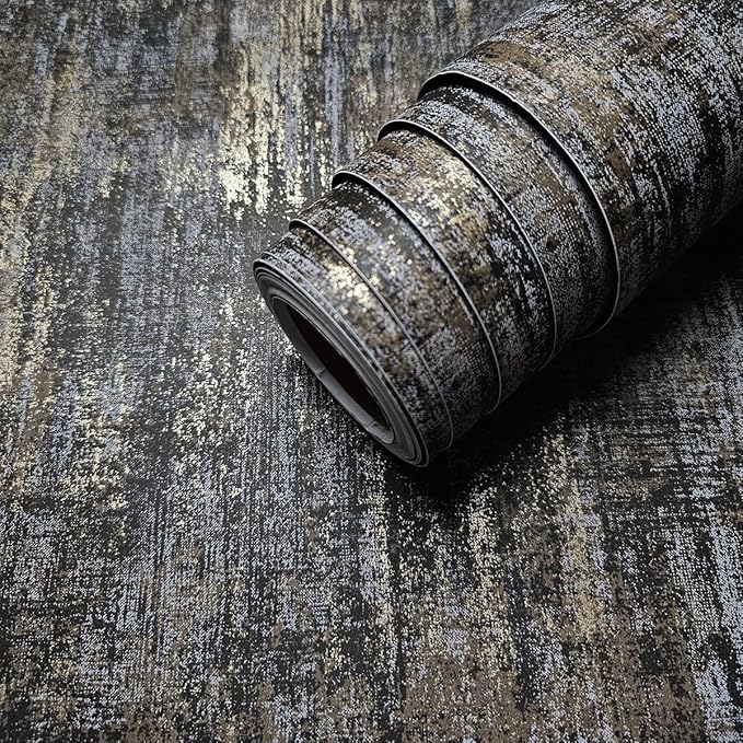 AM1NAH Vintage Metallic Distressed Wallpaper 17.7" X 236" Charcoal Gold Industrial Textured Concrete Wall Paper for Home Office Coffee Shop