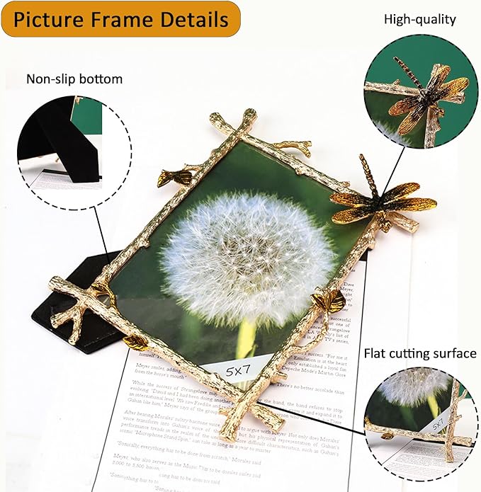 4x6 Picture Frame Brass Dragonfly Ornament Vintage Ornate Home Decor Gifts for Women Men Antique Gold Photo Frame with Glass Front Metal Brass Art Table Decor for Birthday Mothers Day