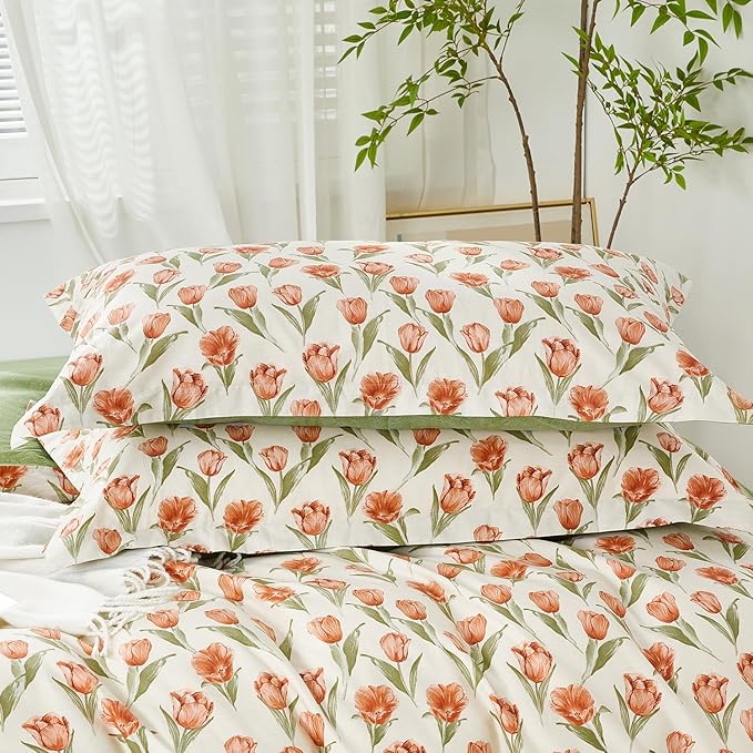 SAPHREAS Red Tulips Floral Green Leaves Duvet Cover Set Twin Size 2pcs Soft Cozy Garden Style Bedding Comforter Cover Set 100% Cotton 1 Duvet Cover 68"x90" 1 Pillow Sham, Comforter Not Included