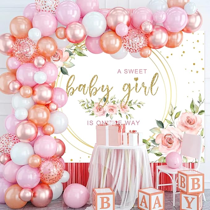 Mocsicka Floral Sweet Baby Girl Backdrop It's a Girl Baby Shower Background Watercolor Pink Floral Baby Shower Party Cake Table Decoration Photo Booth Props (8x6ft)