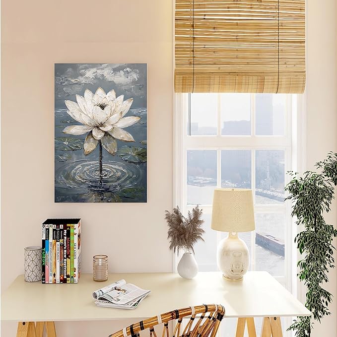 Stunning white lotus emerges from prismatic water with delicate petals background Serene aquatic wall art suitable for modern minimalist decor 16x24in Frameless
