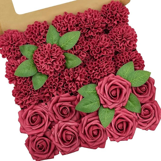 Artificial Flowers, 100pcs Hot Pink Artificial Rose for DIY Wedding Bouquets Centerpieces Arrangements, Hot Pink Rose and Dahlia Flowers with Stems for Bridal Shower Party Home Decorations