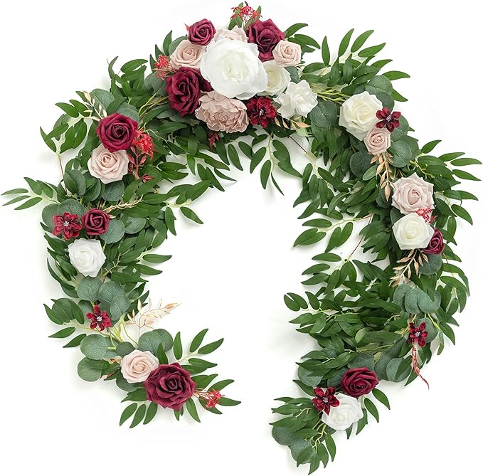 Ling's moment Flower Garland - 6FT Eucalyptus & Rose - Sweetheart Table Decor for Wedding Reception, Artificial Floral Garland for Mantle, Thanksgiving, Christmas Decoration, Marsala