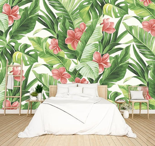 Banana Leaf Wallpaper Pink Floral Plant Girls Bedroom Botanical Flowers murals Aesthetic Room Decor Living Room tv Background Large Wall Mural - 137"x96" Not Peel and Stick