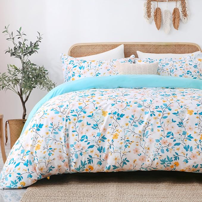 LONAVA King Botaincal 3 Pcs Duvet Cover Set, Breathable Soft Microfiber Sky Blue Lining Comforter Cover with Zipper Closure, and 2 Anti-Pilling, Fade Resistant Pillowcases, Sky Blue Flower