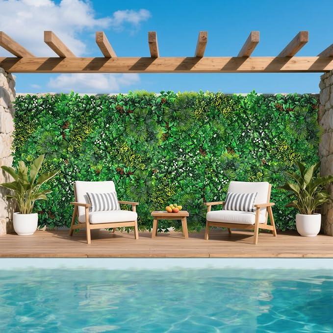 Artificial Grass Wall Panels, 20''x20'' 8pcs Boxwood Wall Panels with Tropical Leaves, Faux Greenery Privacy Fence Screen, Grass Backdrop for Outdoor Indoor Garden Birthday Wedding Decor
