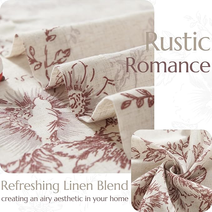 jinchan Linen Blend Curtain Floral Curtains for Living Room 63 Inch Length Christmas Brick Red Printed Curtain Rod Pocket Back Tab Farmhouse Peony Flower Patterned Drapes Curtains Set 2 Panels